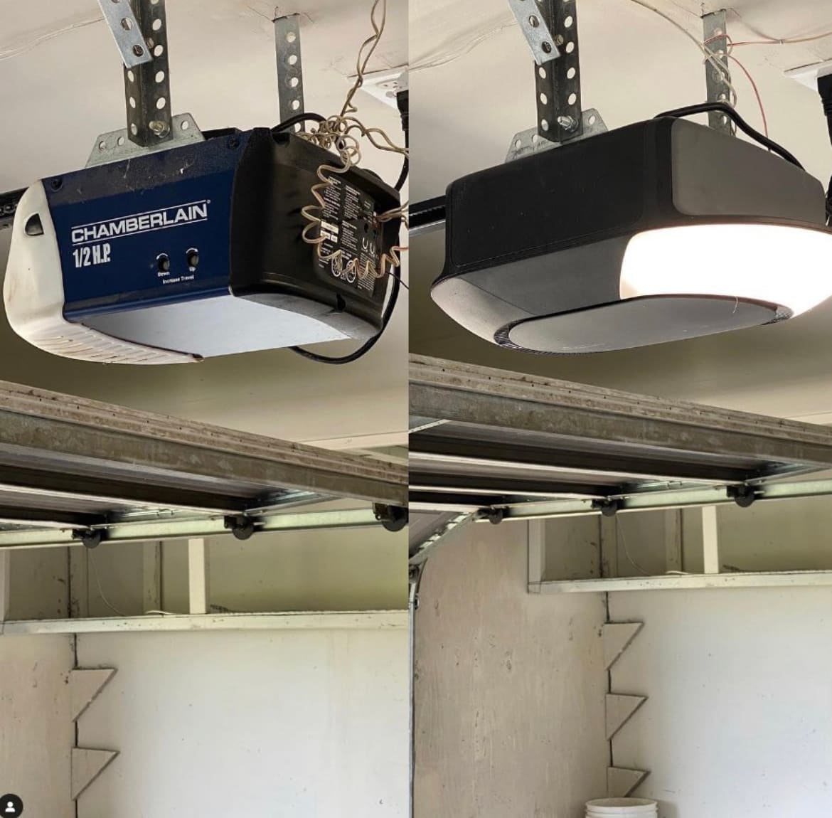 Two photographs side by side of a ceiling-mounted garage door opener: an older unit on the left and a newer one on the right, both on the same rail.